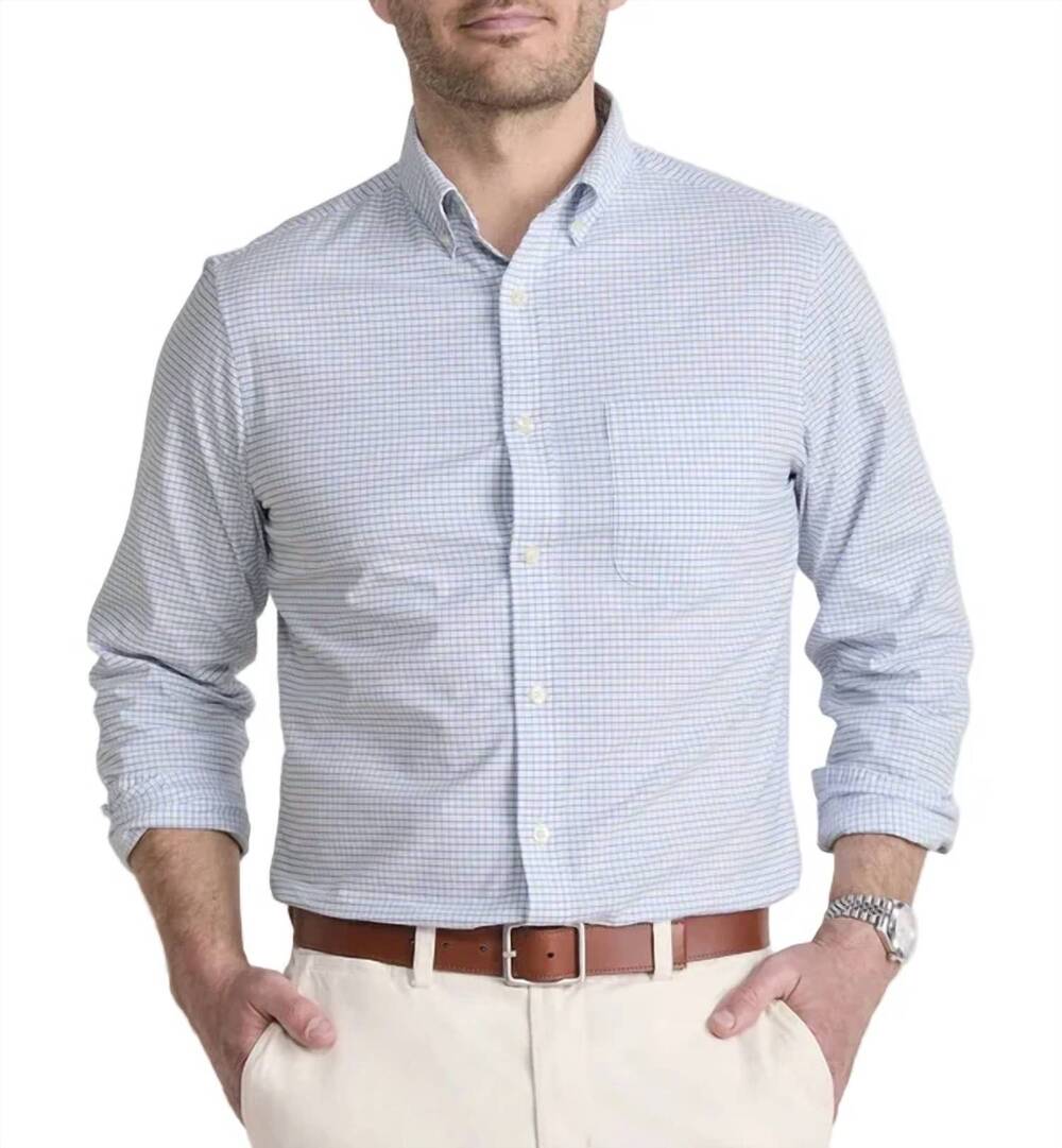 NEW VINEYARD VINES men's performance cotton calabash check shirt in hull blue